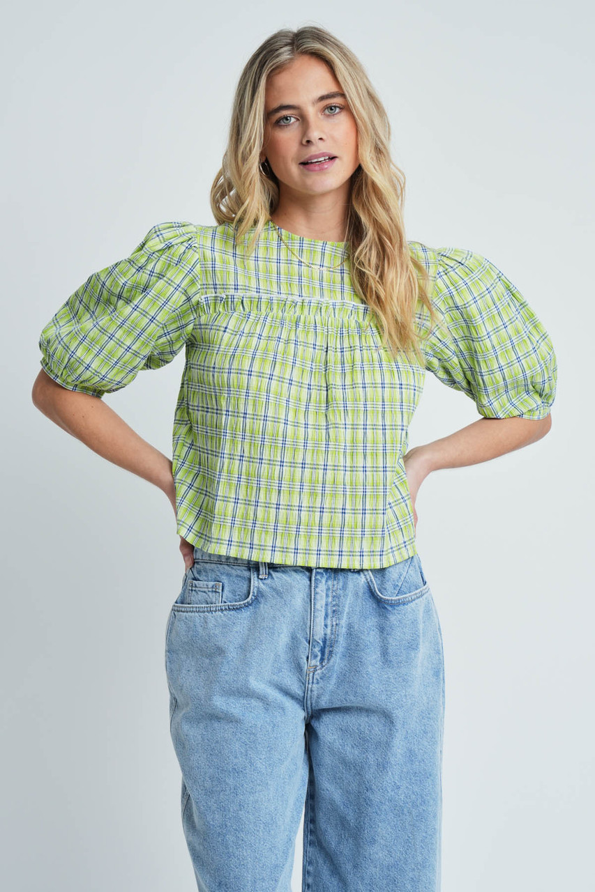 Textured Check Blouse W/ Open Back Detail    