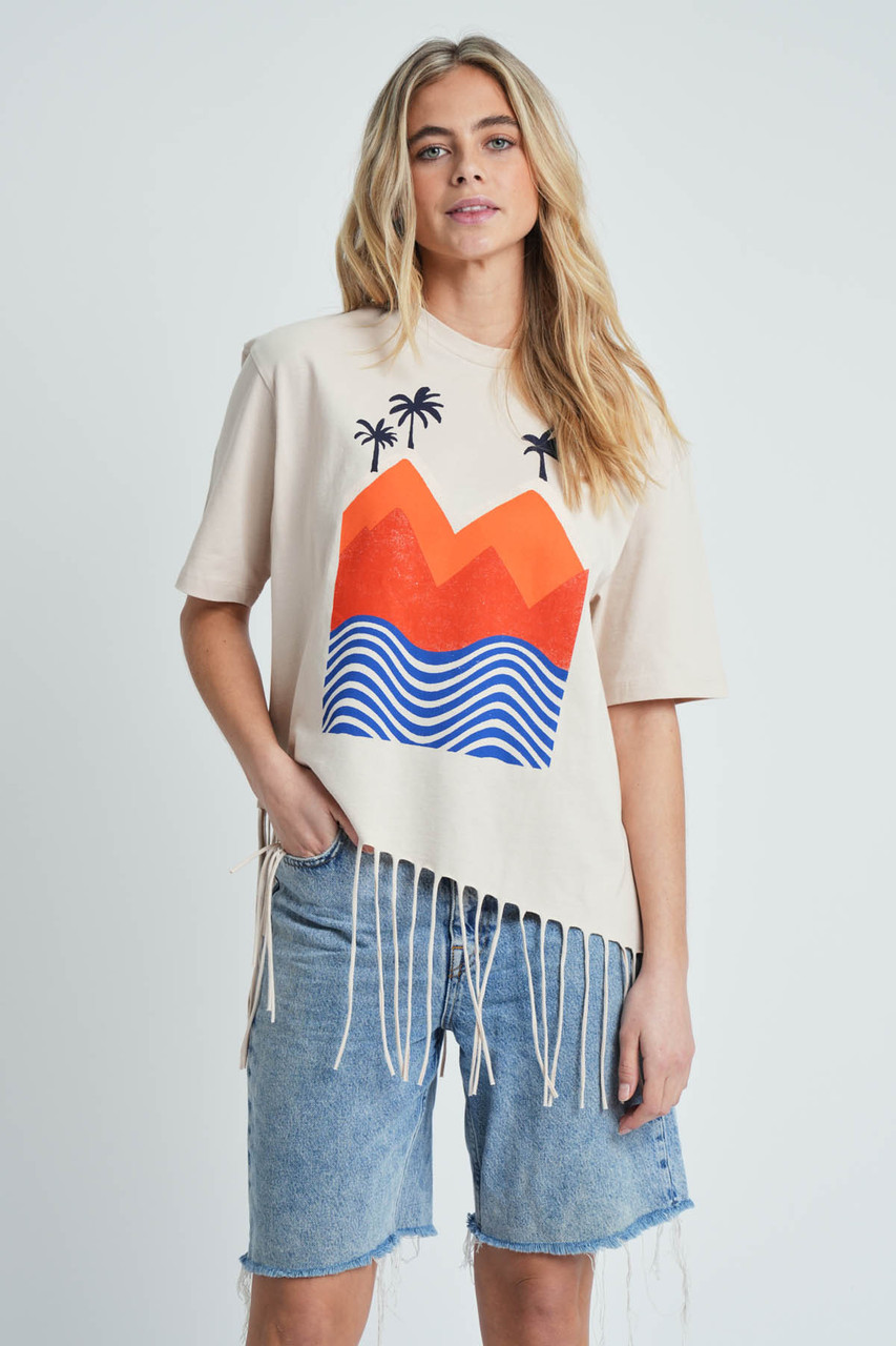 Crop Tee With Graphics And Asymmetric Fringing Detail
