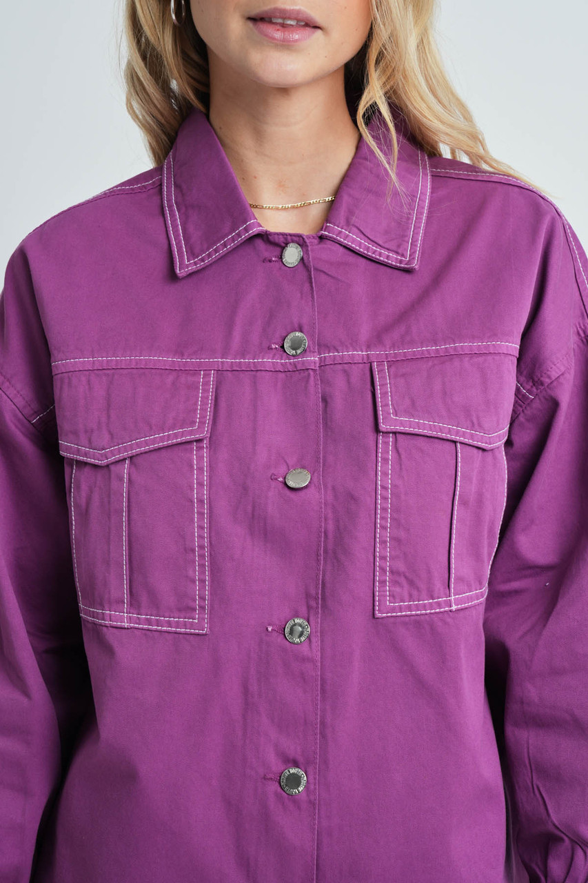 Oversized Twill Shacket With Contrast Stitching 