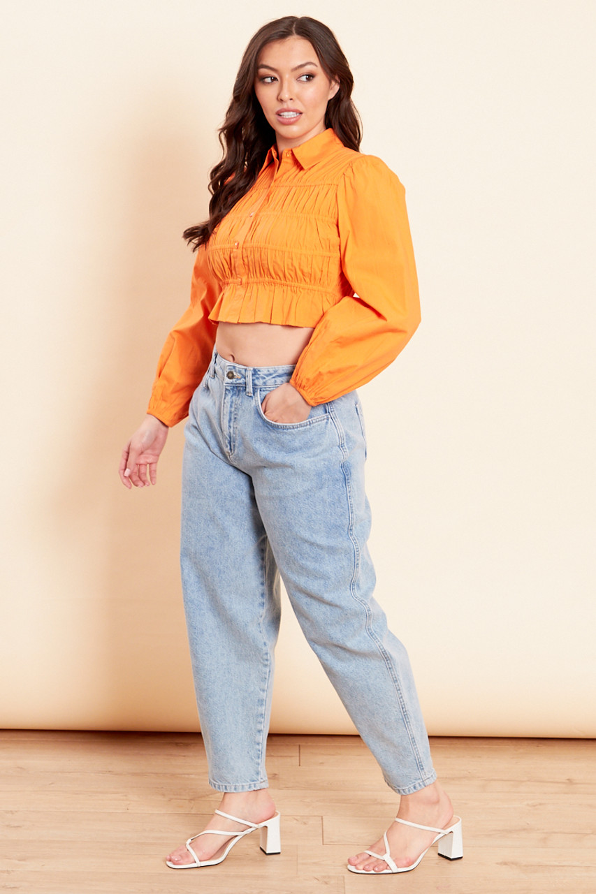 Shirred Cropped Shirt In Orange 