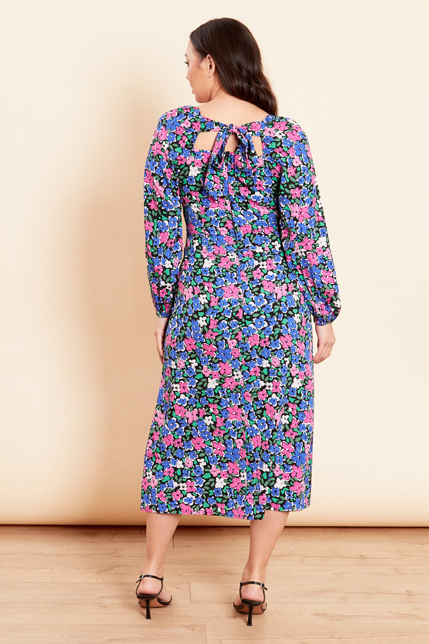 Floral Print Puff Sleeve Tie Front Midi Dress 