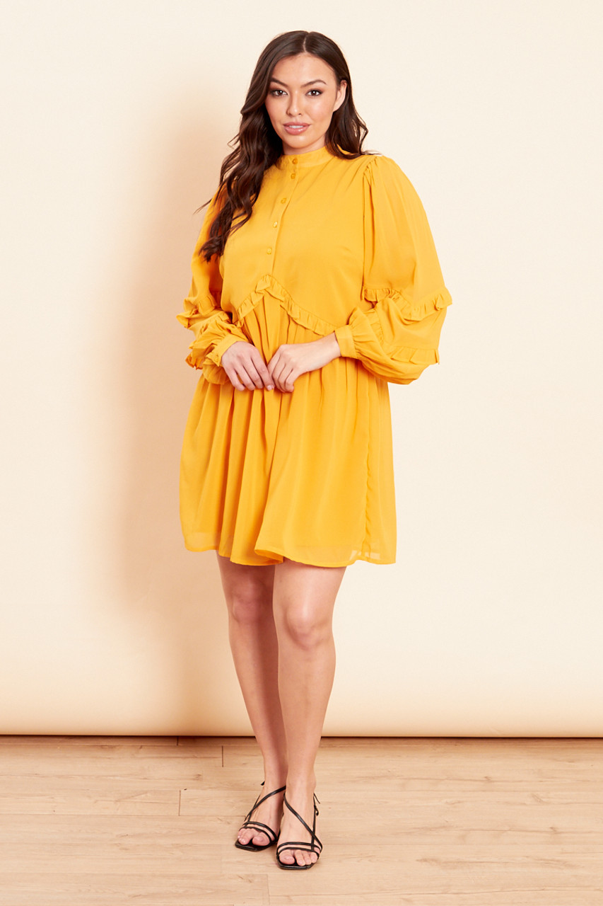 Mustard High Neck Button Front Mini Smock Dress