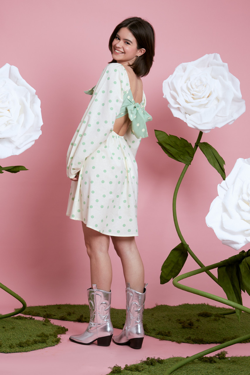 Green Priscilla Gathered Bust With Bow Detail Open Back with Tie detail Mini Polka Dot Dress