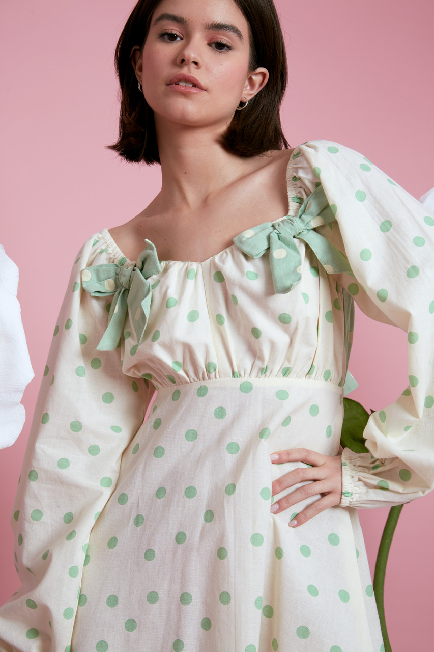 Green Priscilla Gathered Bust With Bow Detail Open Back with Tie detail Mini Polka Dot Dress