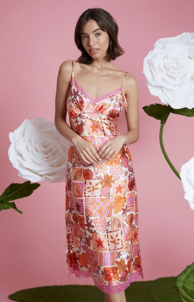 Star Print Lace Trim Cami Slip Midi Dress