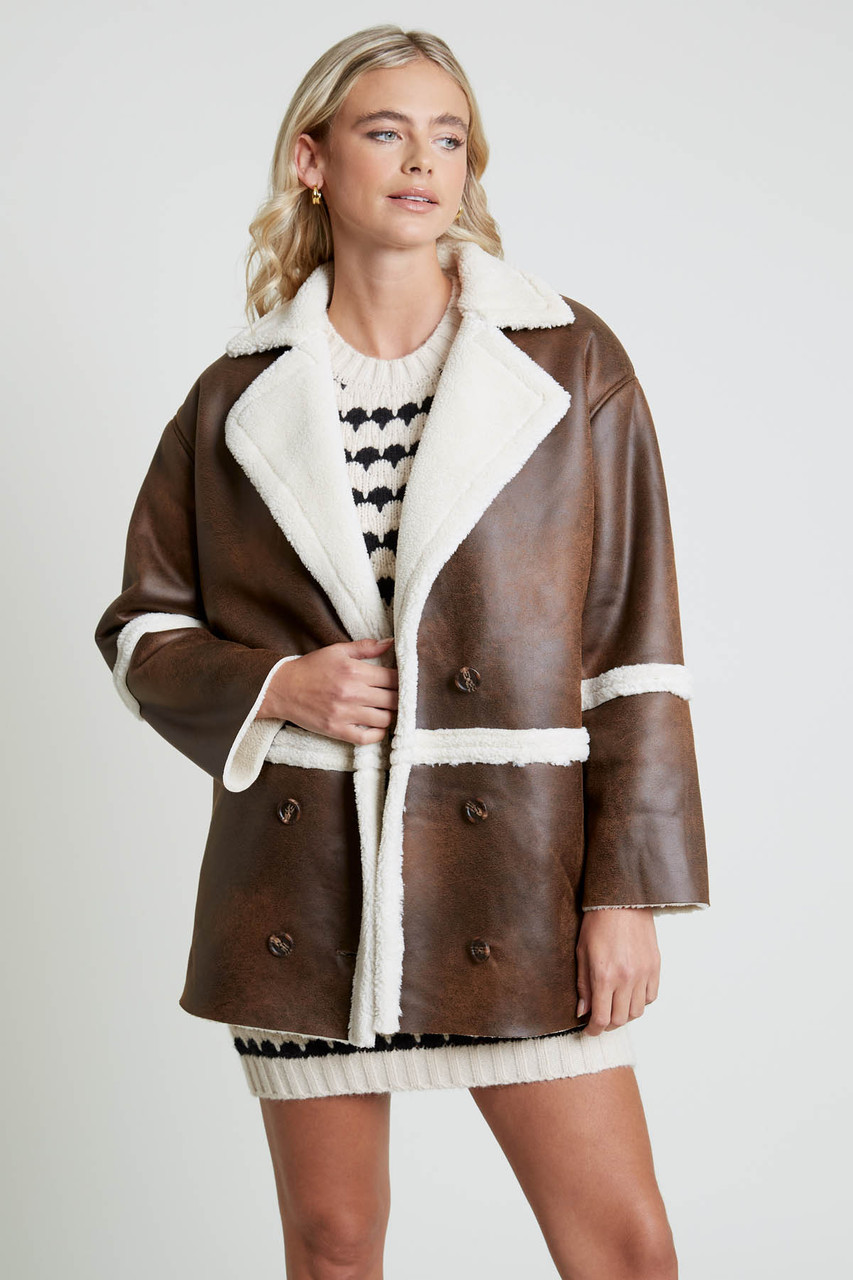 Cabot Vintage Effect Faux Shearling Double Breasted Coat