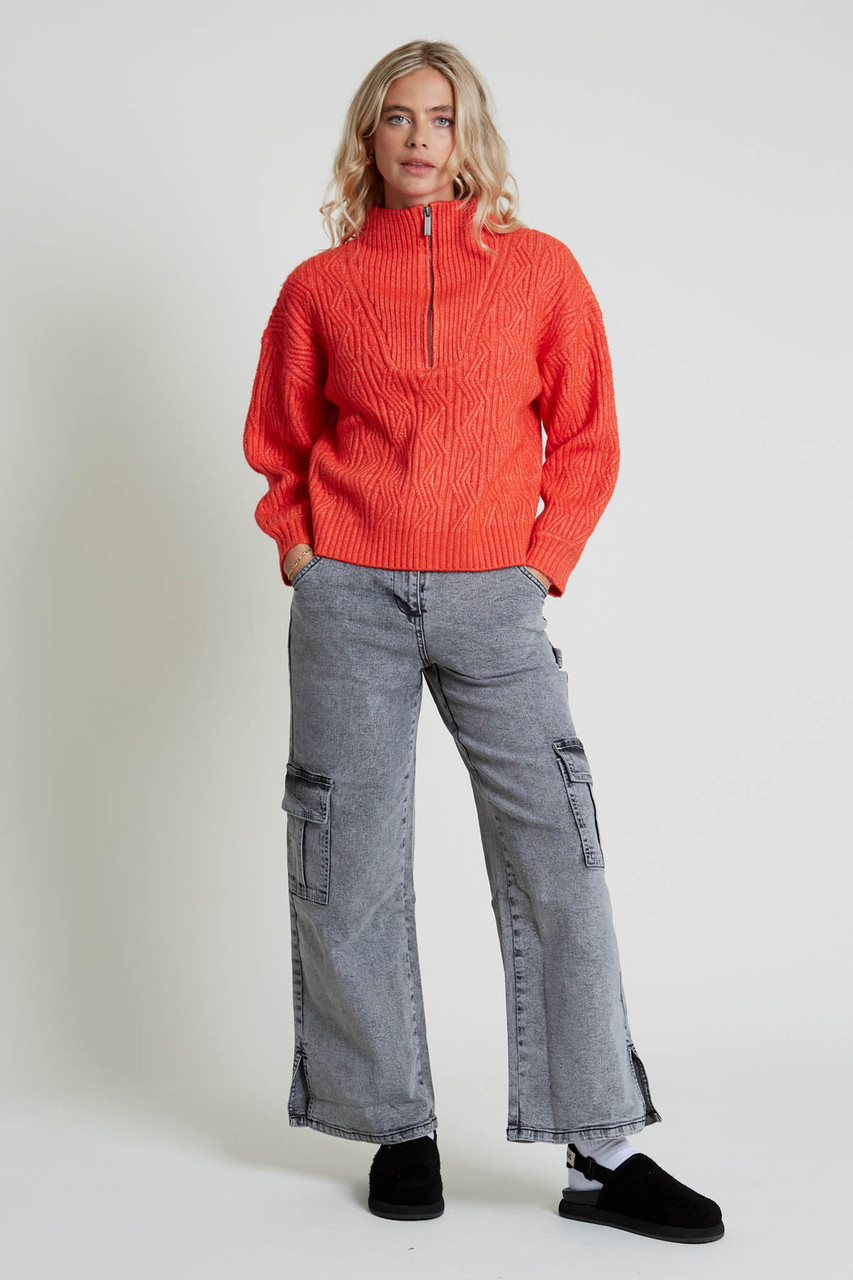 Opia 1/4 Zip Cable Knit Jumper With Dropped Shoulder