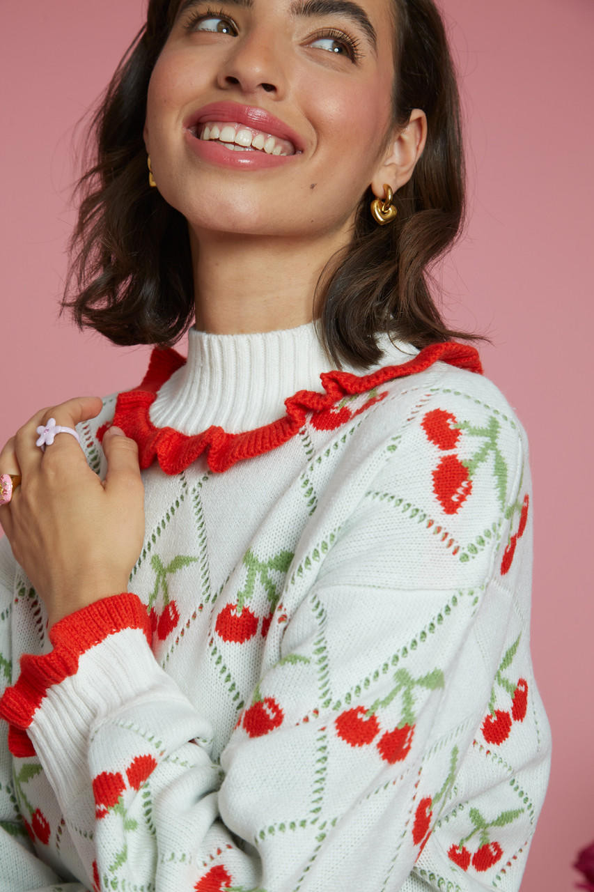 Neon Rose High Neck Ruffle Sleeve and Collar Cherry Print Jumper 