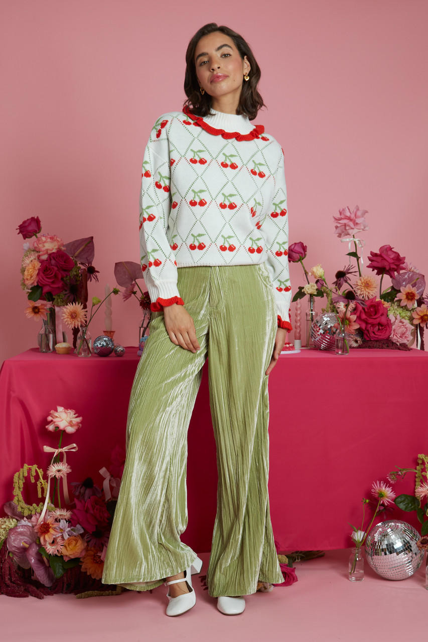 Neon Rose High Neck Ruffle Sleeve and Collar Cherry Print Jumper 