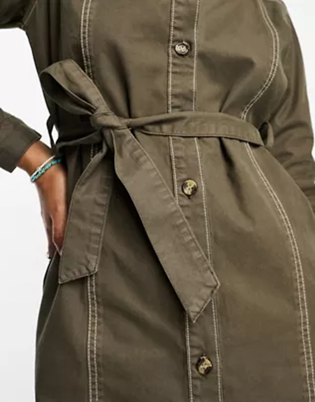 Khaki grey button through belted utility dress