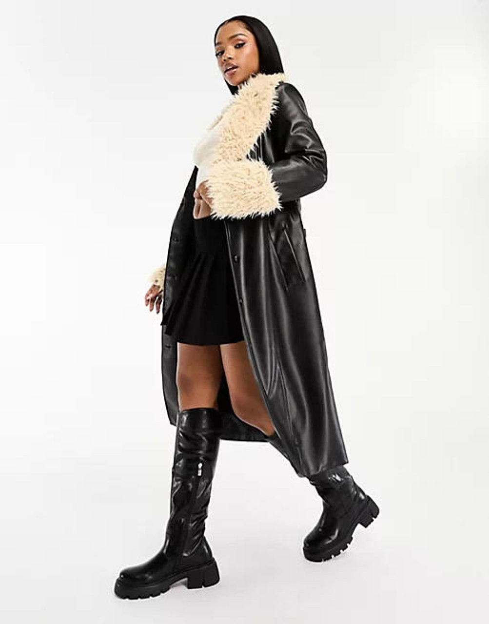 Wednesday's Girl Black & Beige Faux Leather Fur-Trimmed Belted Midaxi Coat 