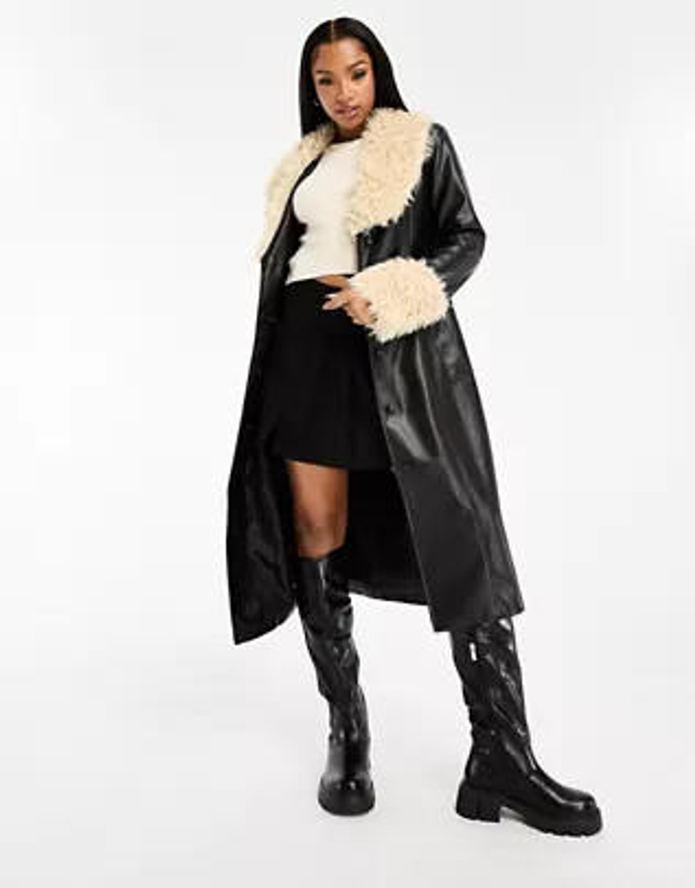 Wednesday's Girl Black & Beige Faux Leather Fur-Trimmed Belted Midaxi Coat 