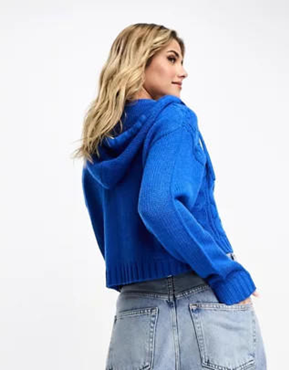 Wednesday's Girl Cobalt Blue Cable Knit Hooded Jumper with Tie Detail 