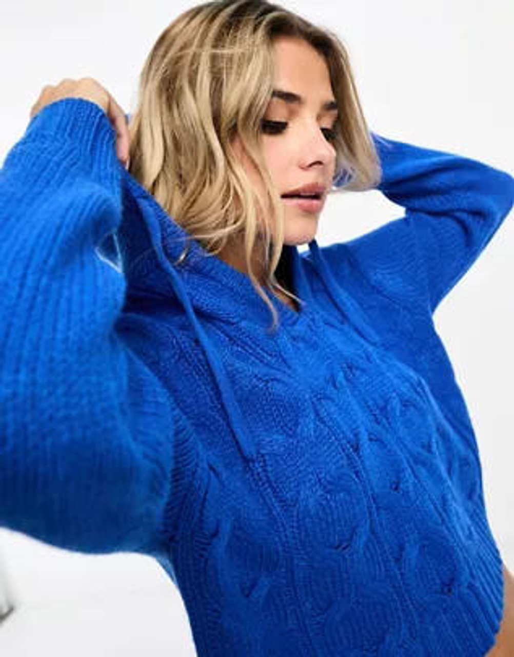 Wednesday's Girl Cobalt Blue Cable Knit Hooded Jumper with Tie Detail 