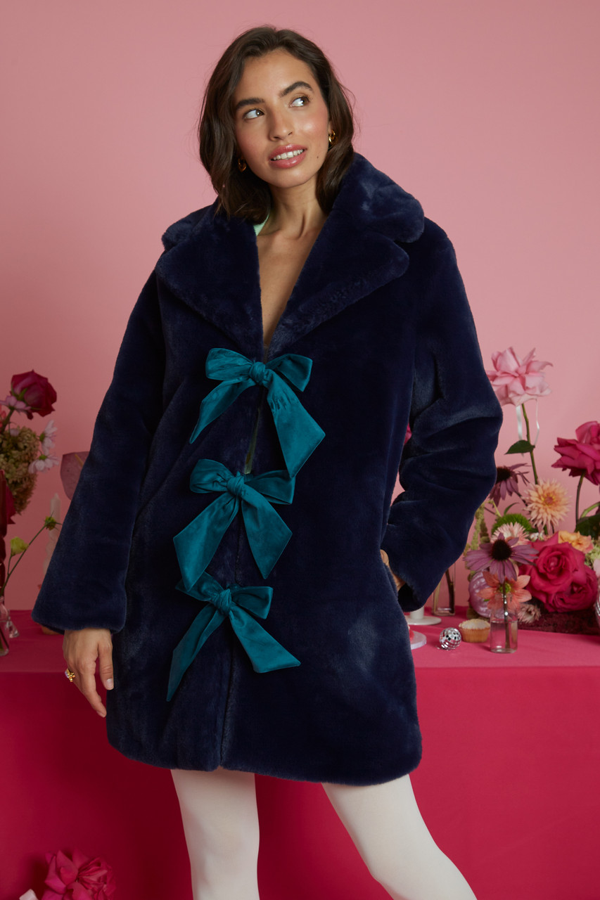 Faux Fur Long Line Fit Velvet Bow Tie Fastening Maxi Coat