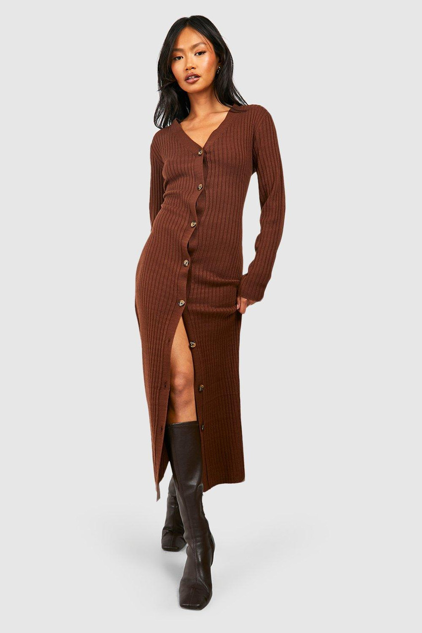 Chocolate Fine Gauge Rib Knit Maxi Cardigan