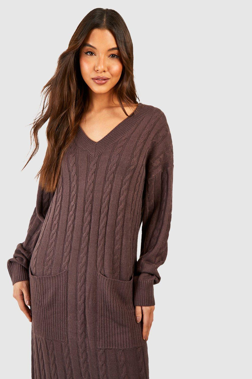 V-Neck Knitted Patch Pockets Midi Dress