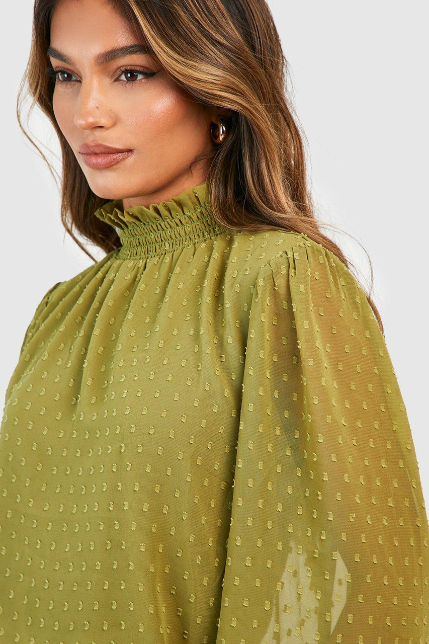 Dobby High Neck Blouse Olive