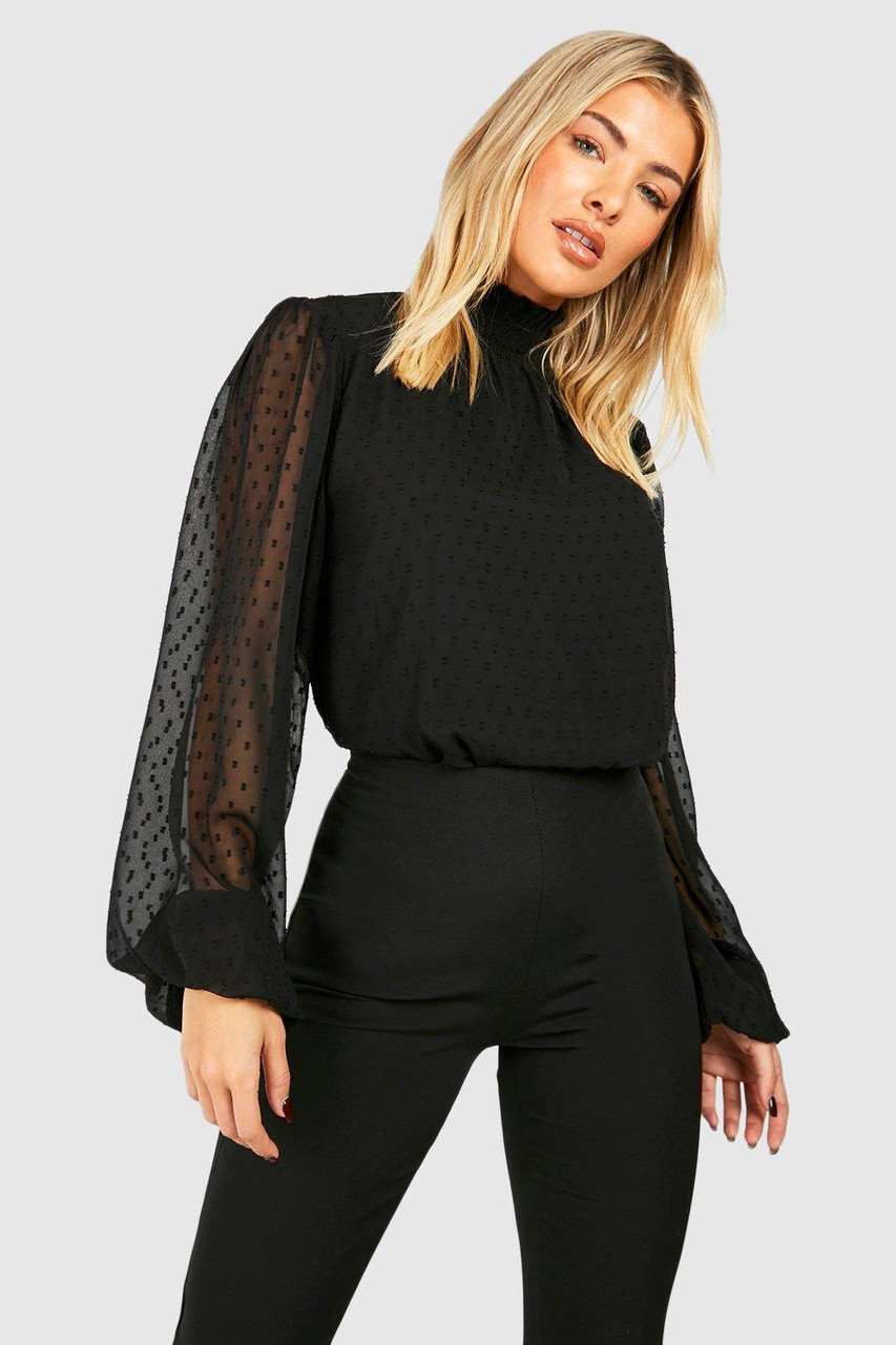 Dobby High Neck Blouse Black