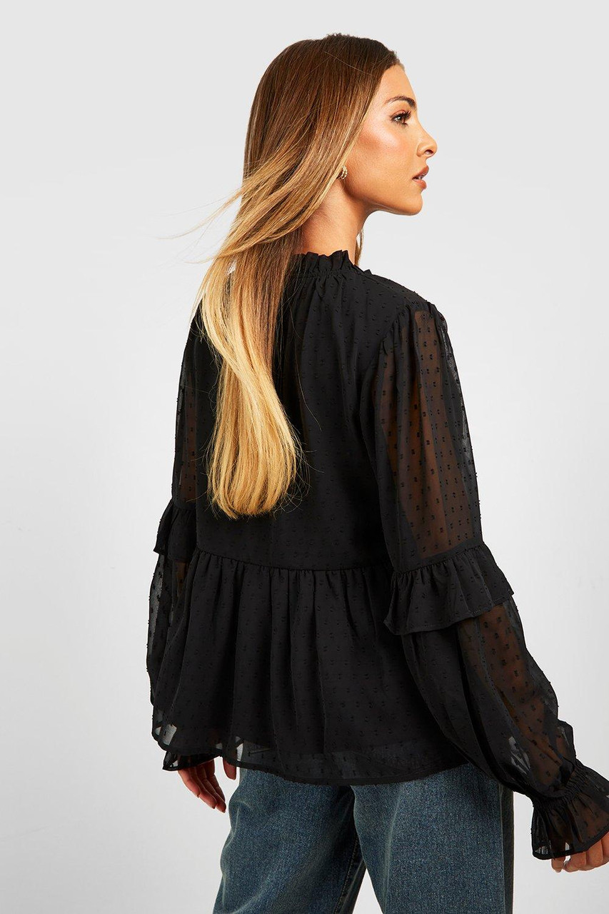 Dobby Tie Neck Blouse BLack