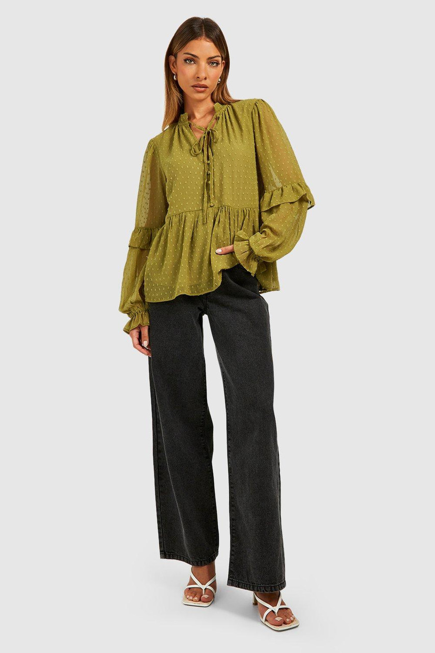 Dobby Tie Neck Blouse Olive