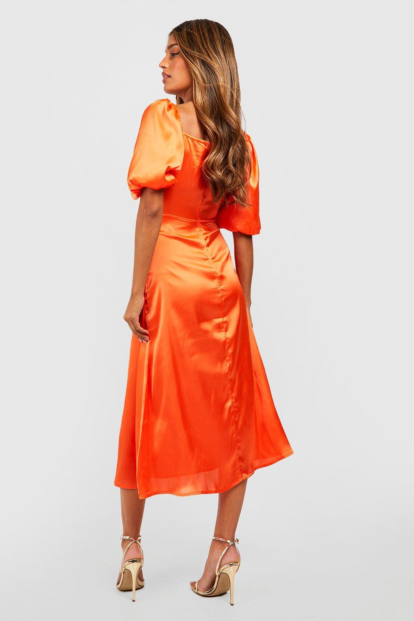 Puff Sleeve Satin Ruched Orange Midi Dresss