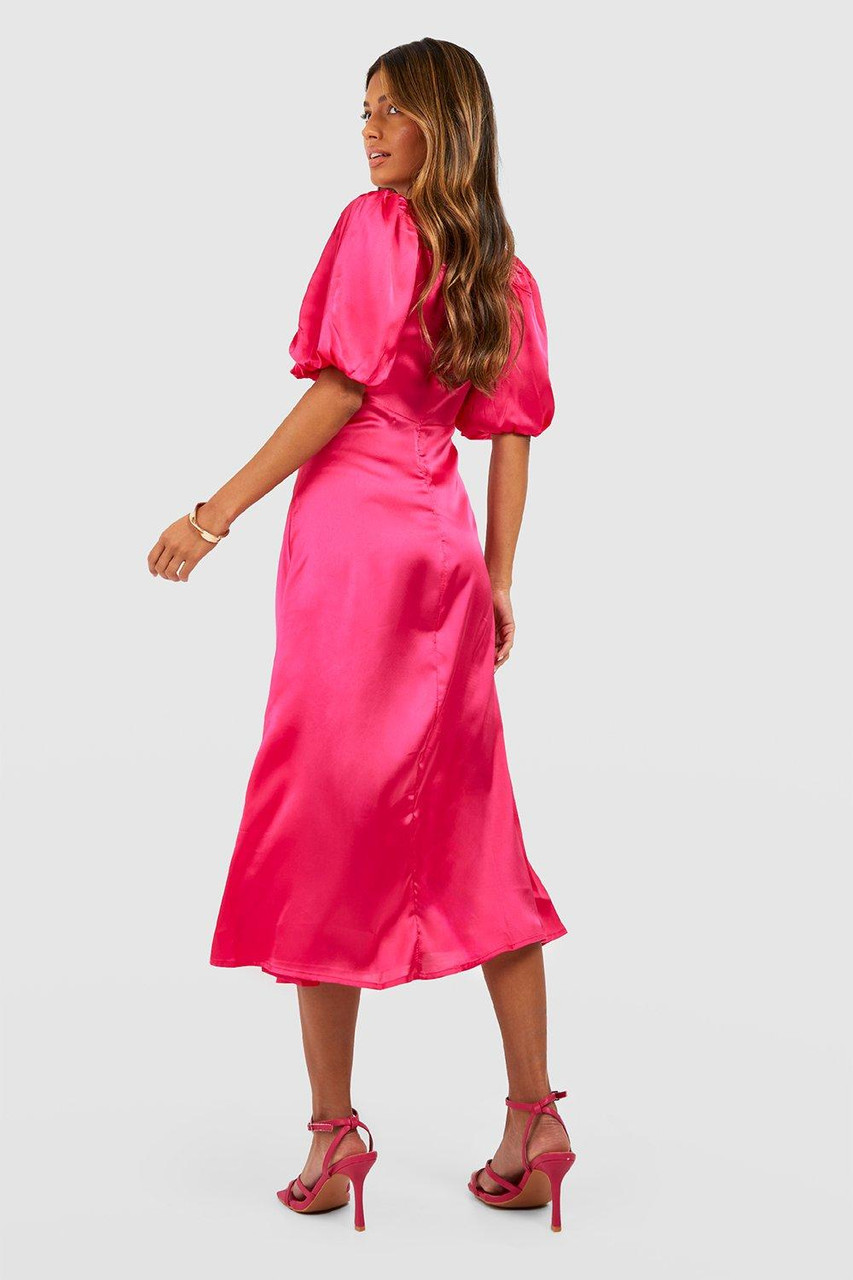 Puff Sleeve Satin Ruched Hot Pink Midi Dresss