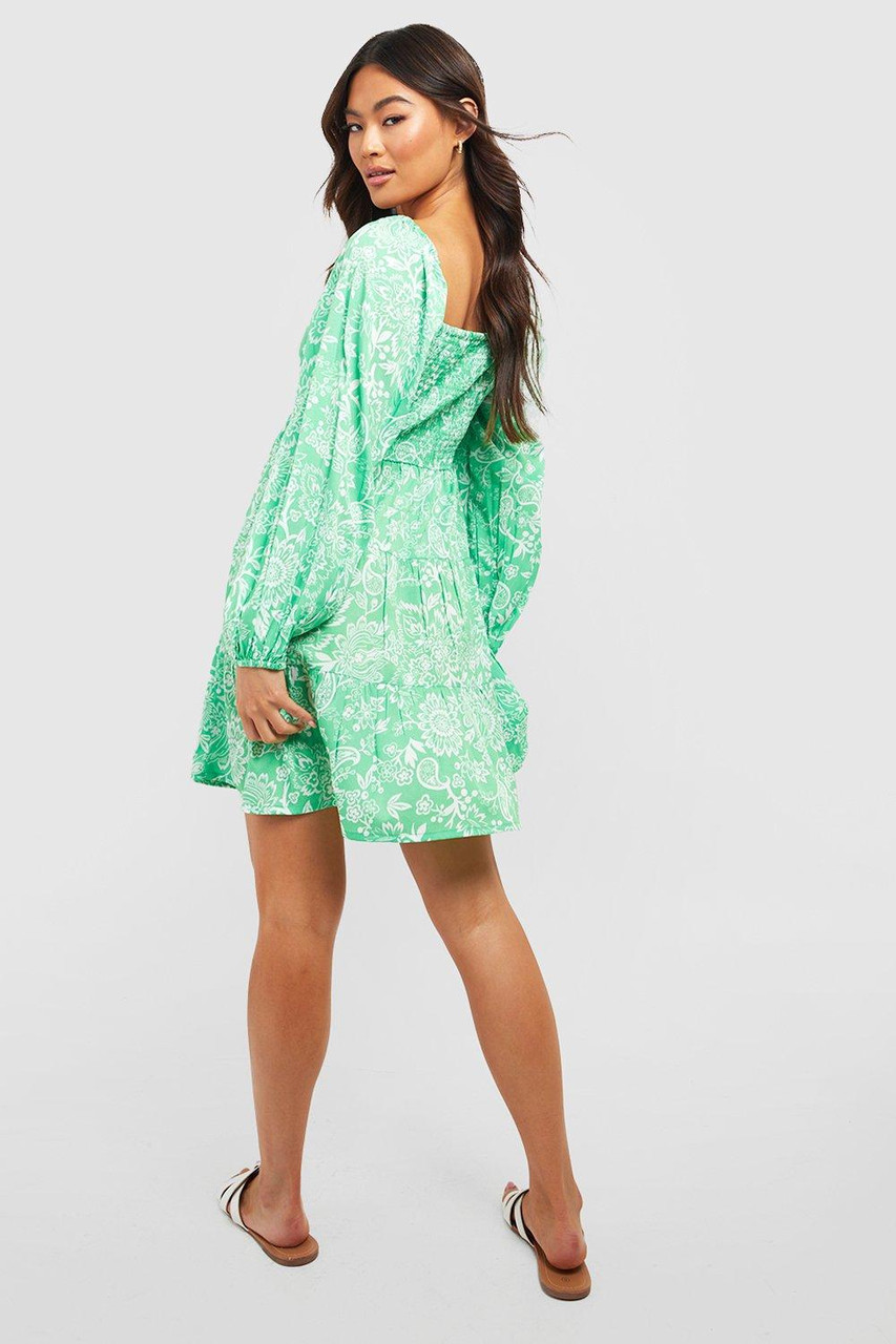 Green Floral long Sleeve Mini Dress