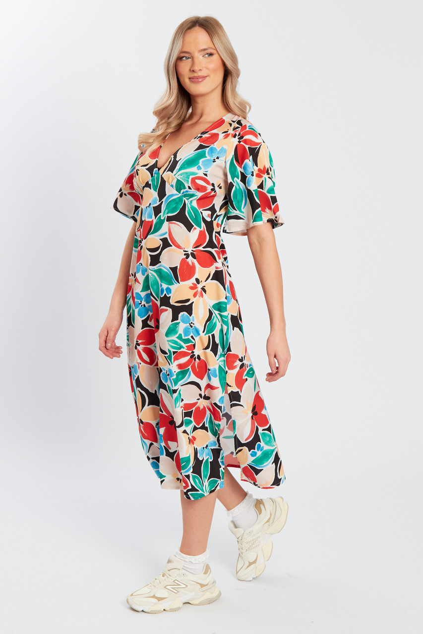 Vibrant Floral V Neck Midi Dress