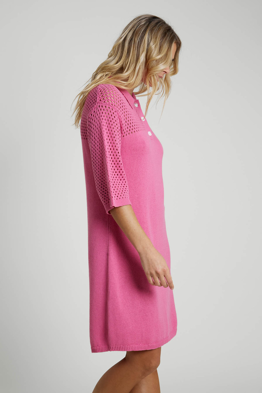 Cotton Open Knit Polo Mini Dress With Button Detail - Pink