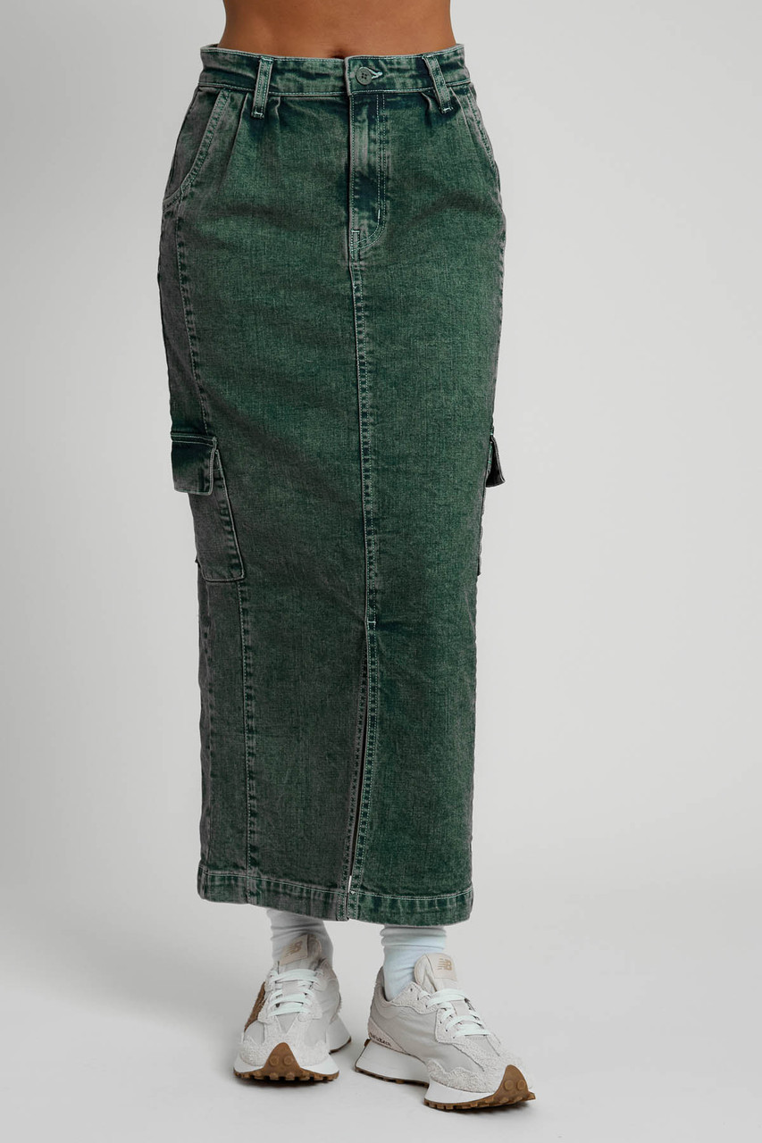 GREEN ACID WASH DENIM MIDAXI SKIRT