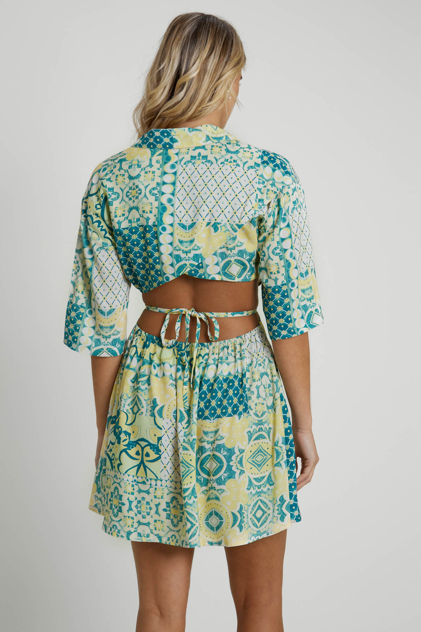 Tile Printed Ecovero Viscose Mini Shirt Dress with Back Wrap Detail