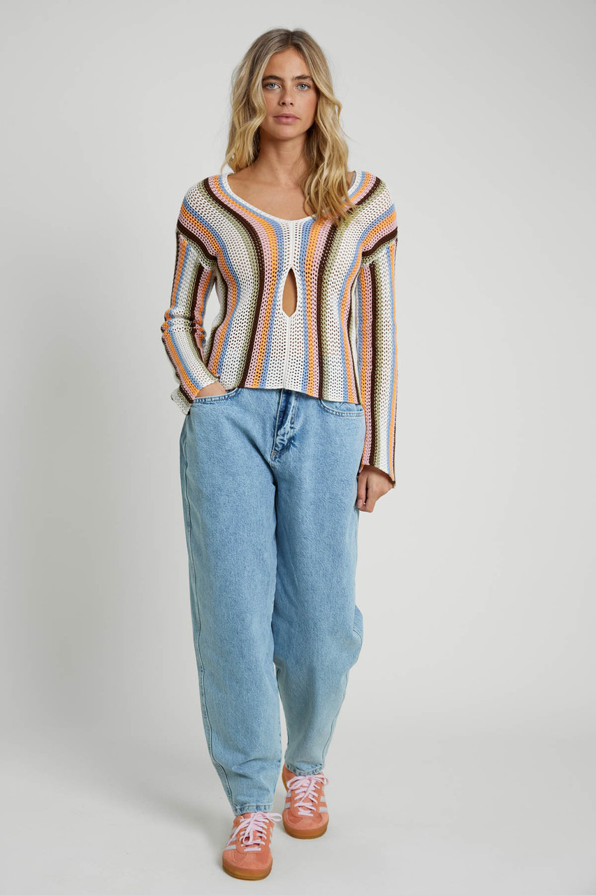 Multi Stripe Knitted Baloon Long Sleeve Top 