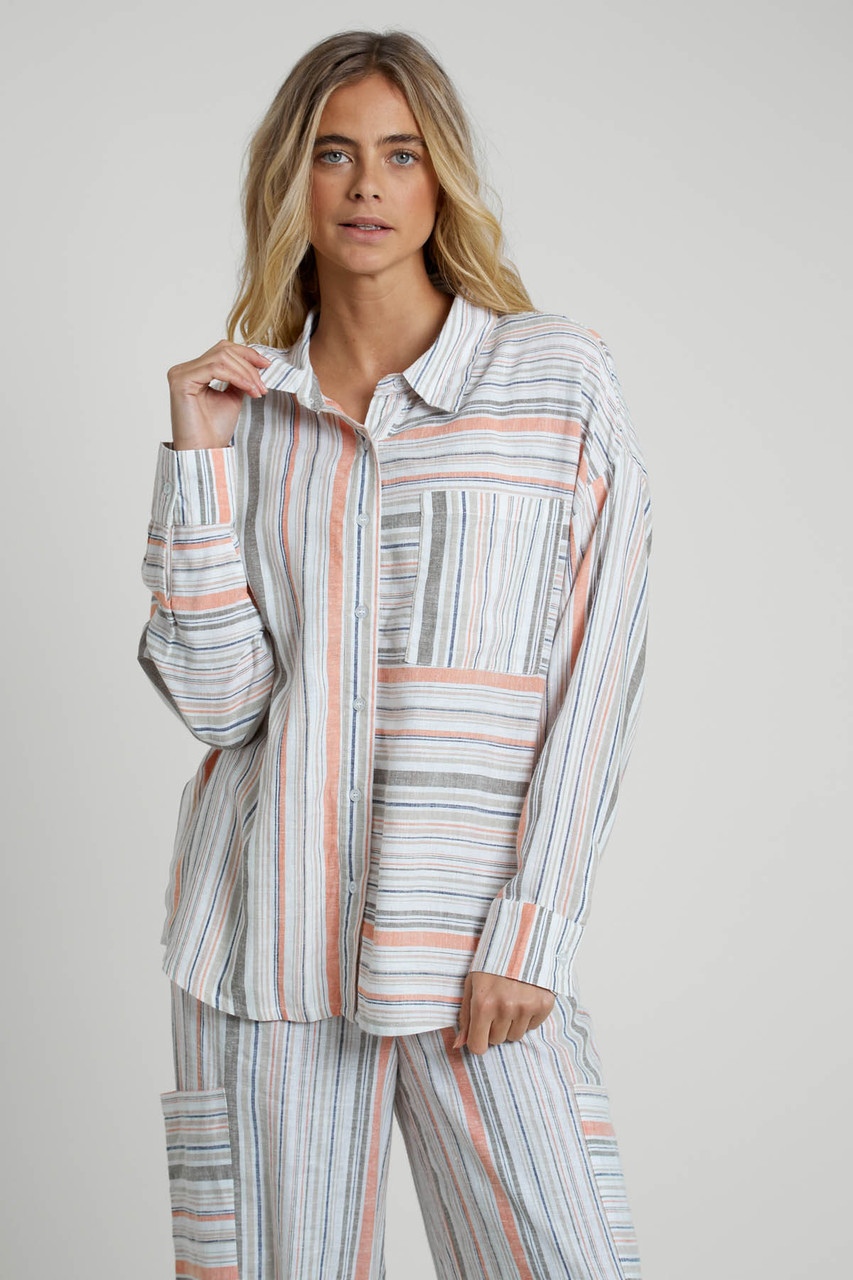 Multi Stripe Cotton Overisized Long Sleeve Shirt