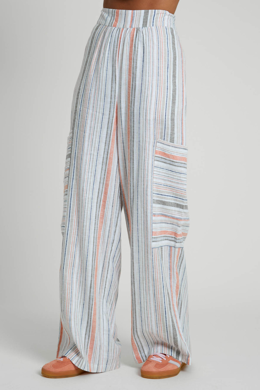 Multi Stripe Cotton Wide Leg Trousers with Oversized Pocket