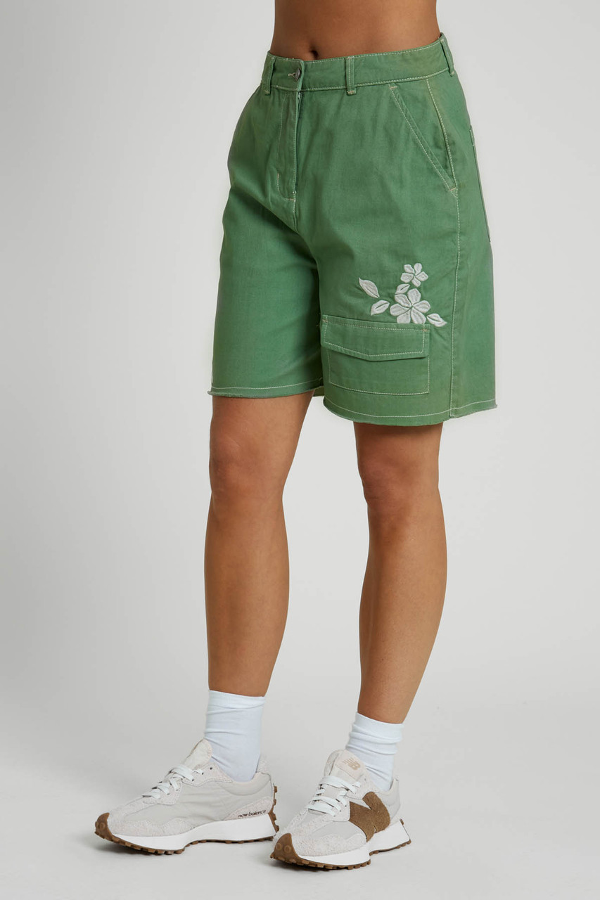 COTTON TWILL CARGO SHORTS WITH FLORAL EMBROIDERY