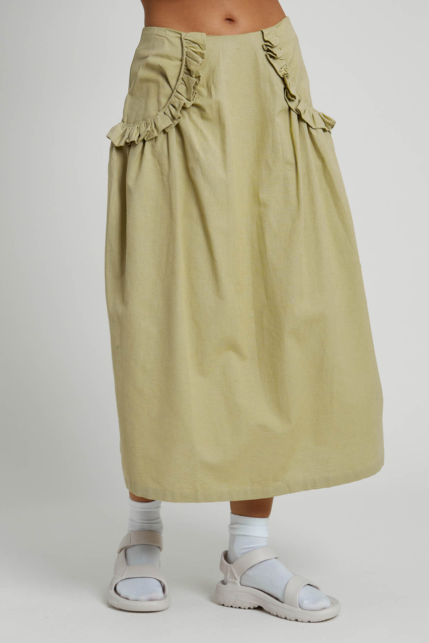 Linen Blend Midi Skirt with Pocket Frill