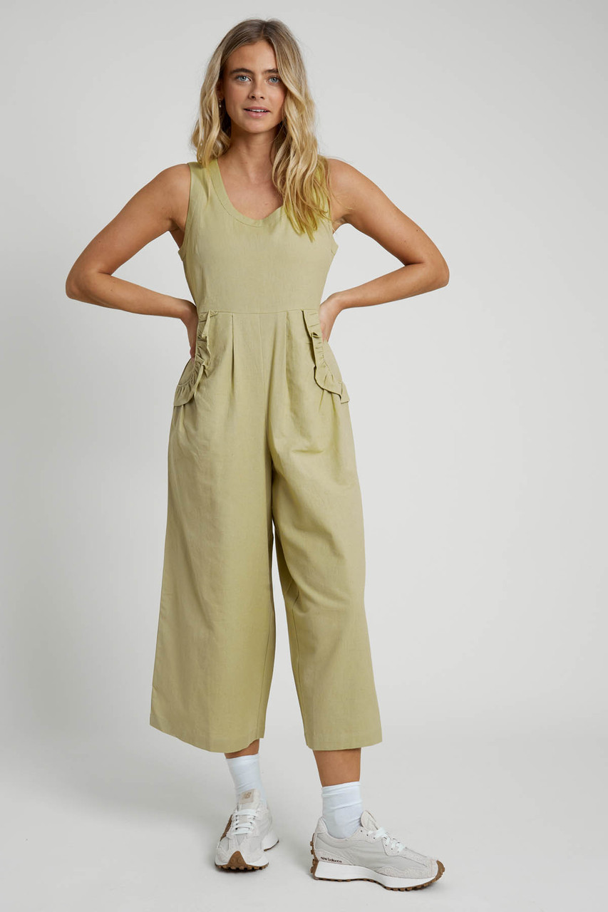 Linen Blend Jumpsuit with Pocket Frill