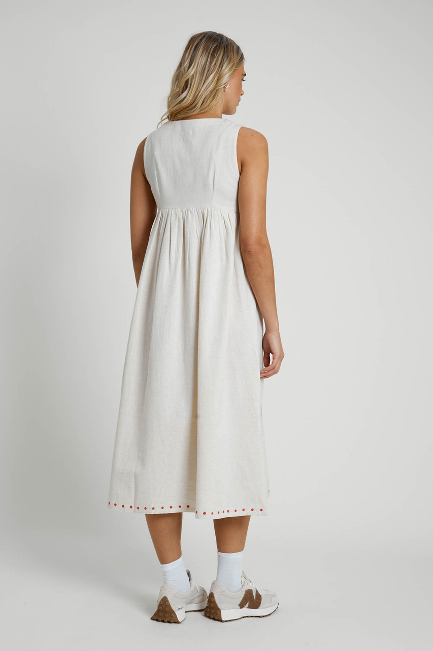 Linen Blend Corset Detail Midi Dress with Floral Embroidery