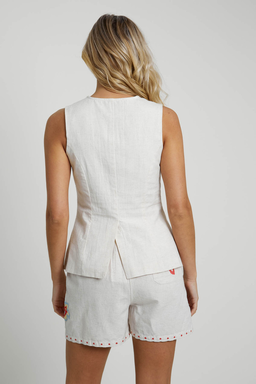 Linen Blend Longline Waistcoat with Embroidery
