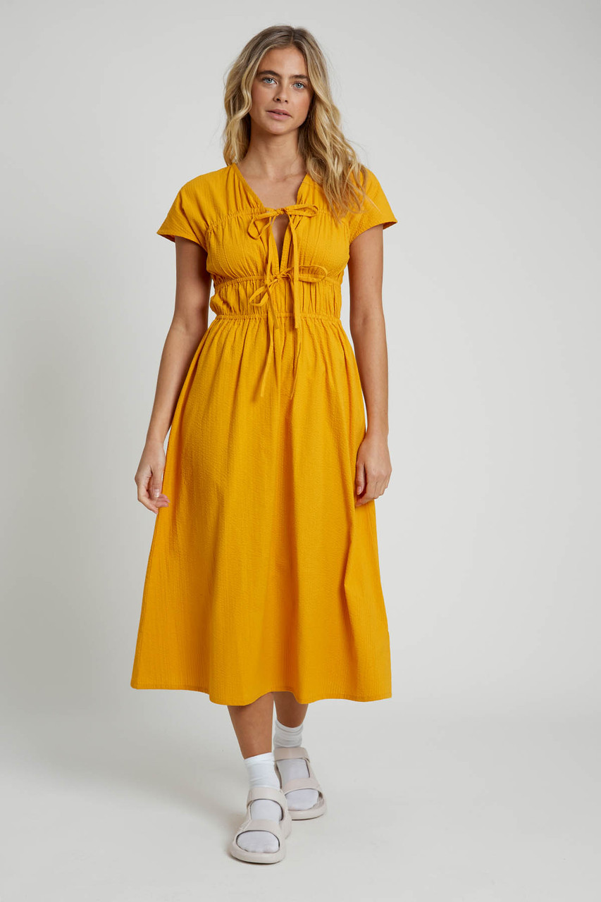 Seersucker Midi Dress  with Gathering Tie Detail