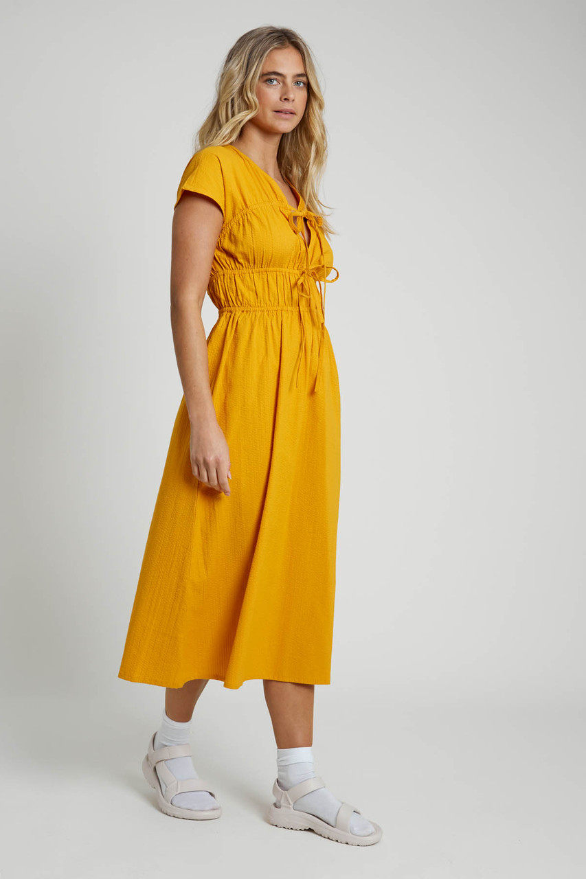 Seersucker Midi Dress  with Gathering Tie Detail