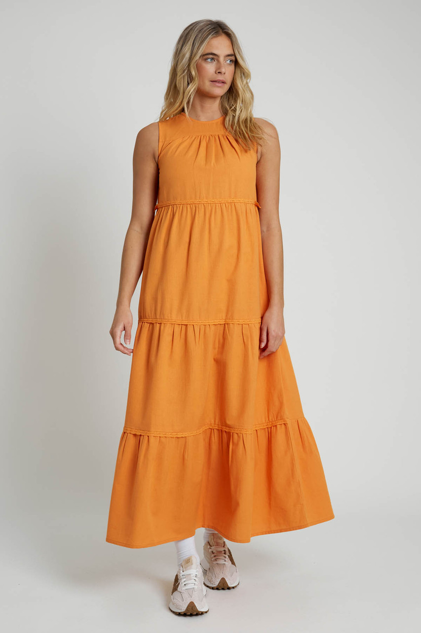 Linen Blend Tiered Maxi Dress with Lace Insert