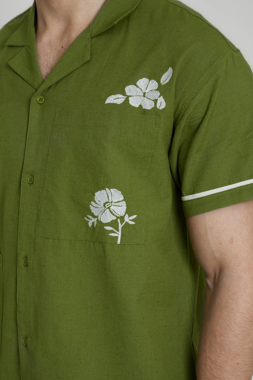 Linen Mix Boxy Fit Short Sleeve Shirt With Piping And Floral Embroidery 