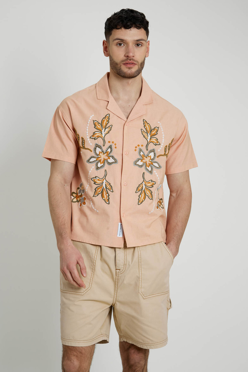 Boxy Fit Linen Mix Shirt with Floral Chest Embroidery