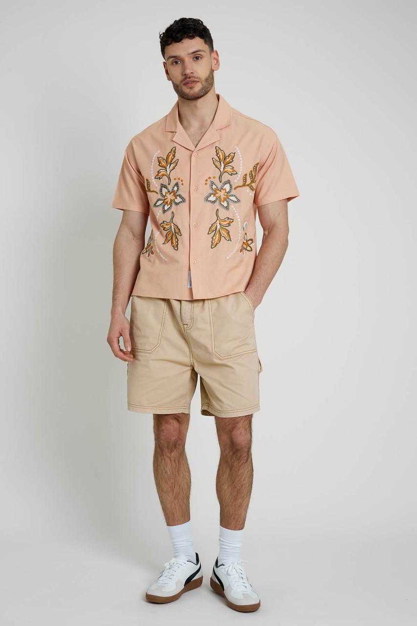Boxy Fit Linen Mix Shirt with Floral Chest Embroidery