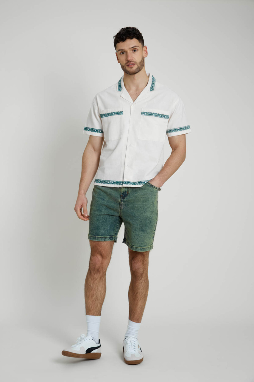 Linen Mix Boxy Fit Shirt with Embroidered Border