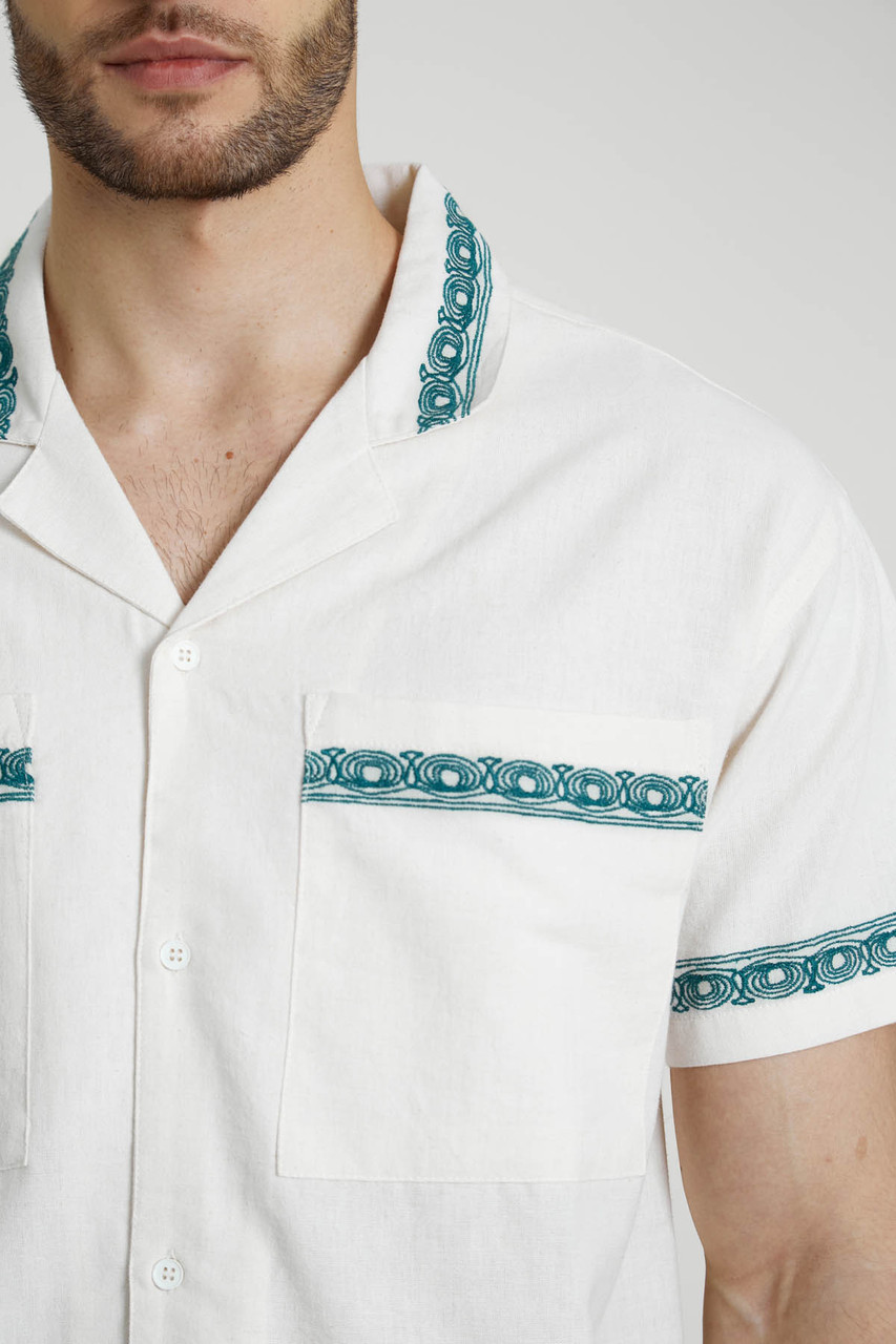 Linen Mix Boxy Fit Shirt with Embroidered Border