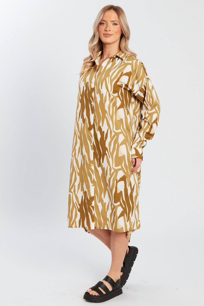 Khaki Zebra Print Midi Shirt Dress in Woven