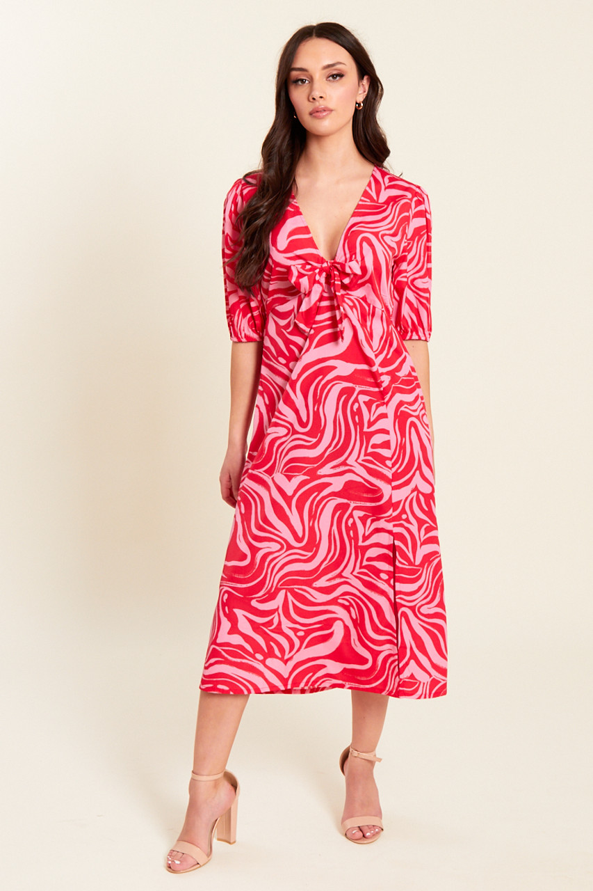 Red/Pink Tie Detail Split Detail Midi Dress